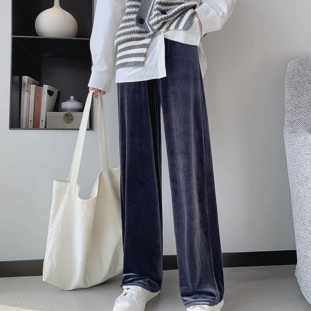 Navy Blue Velvet Pull‎ On Pants Relaxed Fit Wide Leg Chic Lounge Event Party